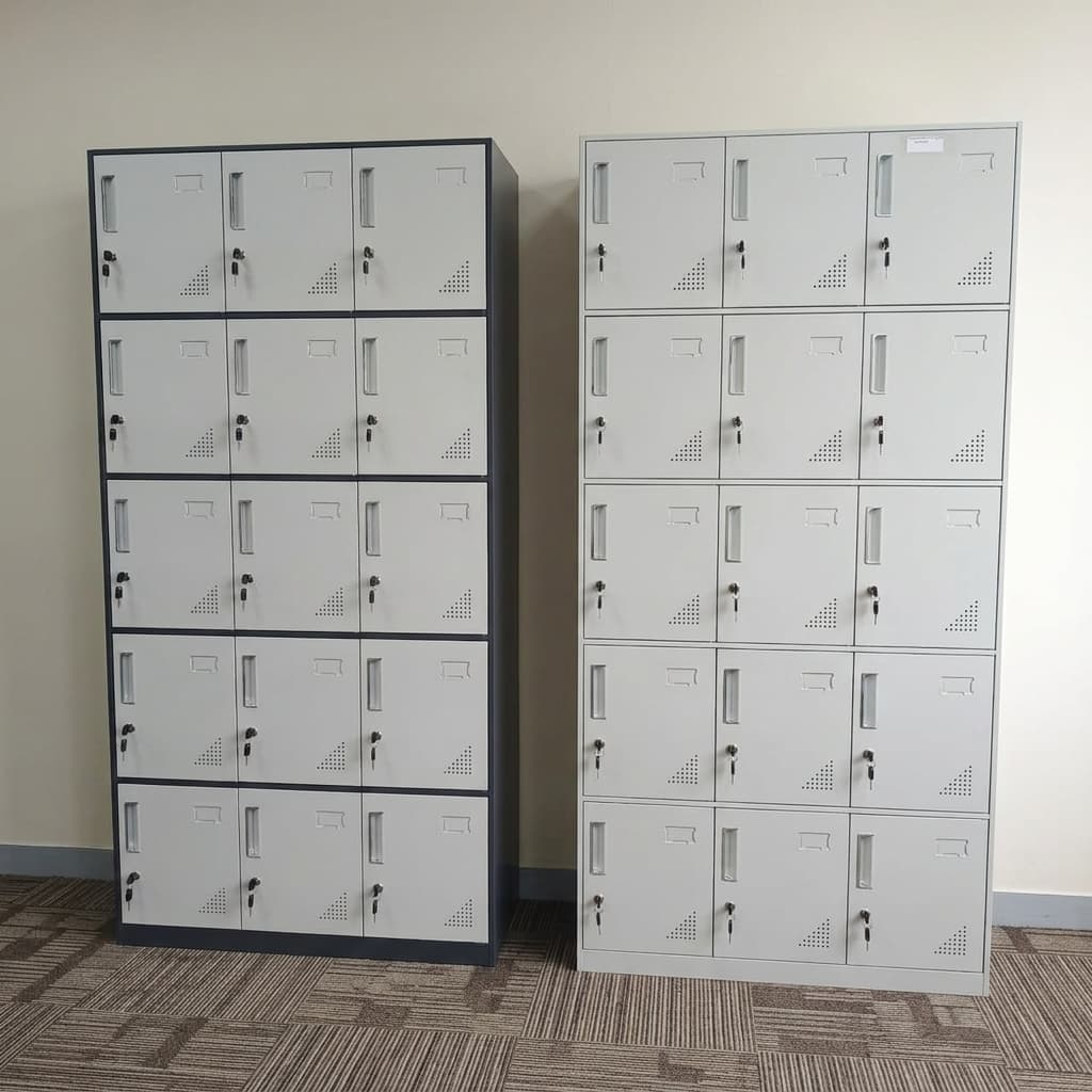 15-Locker Metallic Office Cabinet featuring a 5-tier vertical configuration, dark grey outer frame, light grey metallic doors, independent key locks, recessed handles, and triangular ventilation holes.