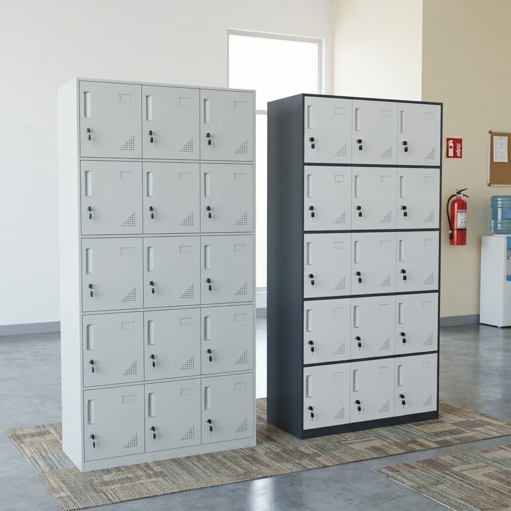 15-Locker Metallic Office Cabinet featuring a 5-tier vertical configuration, dark grey outer frame, light grey metallic doors, independent key locks, recessed handles, and triangular ventilation holes.