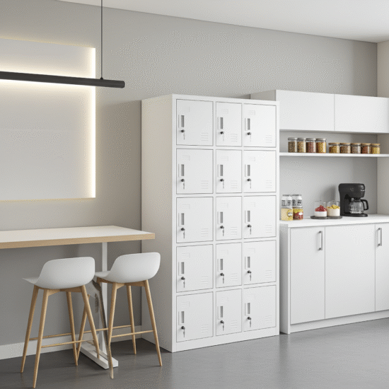 15-Locker metallic office cabinet with secure compartments and modern steel design.