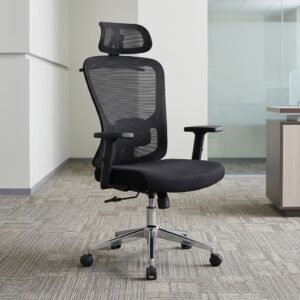 orthopedic High-Back Office Seat featuring an ergonomic black mesh backrest with an integrated lower lumbar cushion, an adjustable headrest, and a polished chrome 5-star caster base.