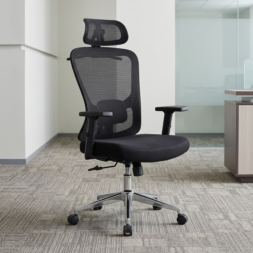 orthopedic High-Back Office Seat featuring an ergonomic black mesh backrest with an integrated lower lumbar cushion, an adjustable headrest, and a polished chrome 5-star caster base. orthopedic High-Back Office Seat featuring an ergonomic black mesh backrest with an integrated lower lumbar cushion, an adjustable headrest, and a polished chrome 5-star caster base.