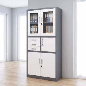 Modern Office Cabinet with Safe featuring an upper glass-door display compartment, three index drawers, a side security safe door, and a twin-door lower filing base.