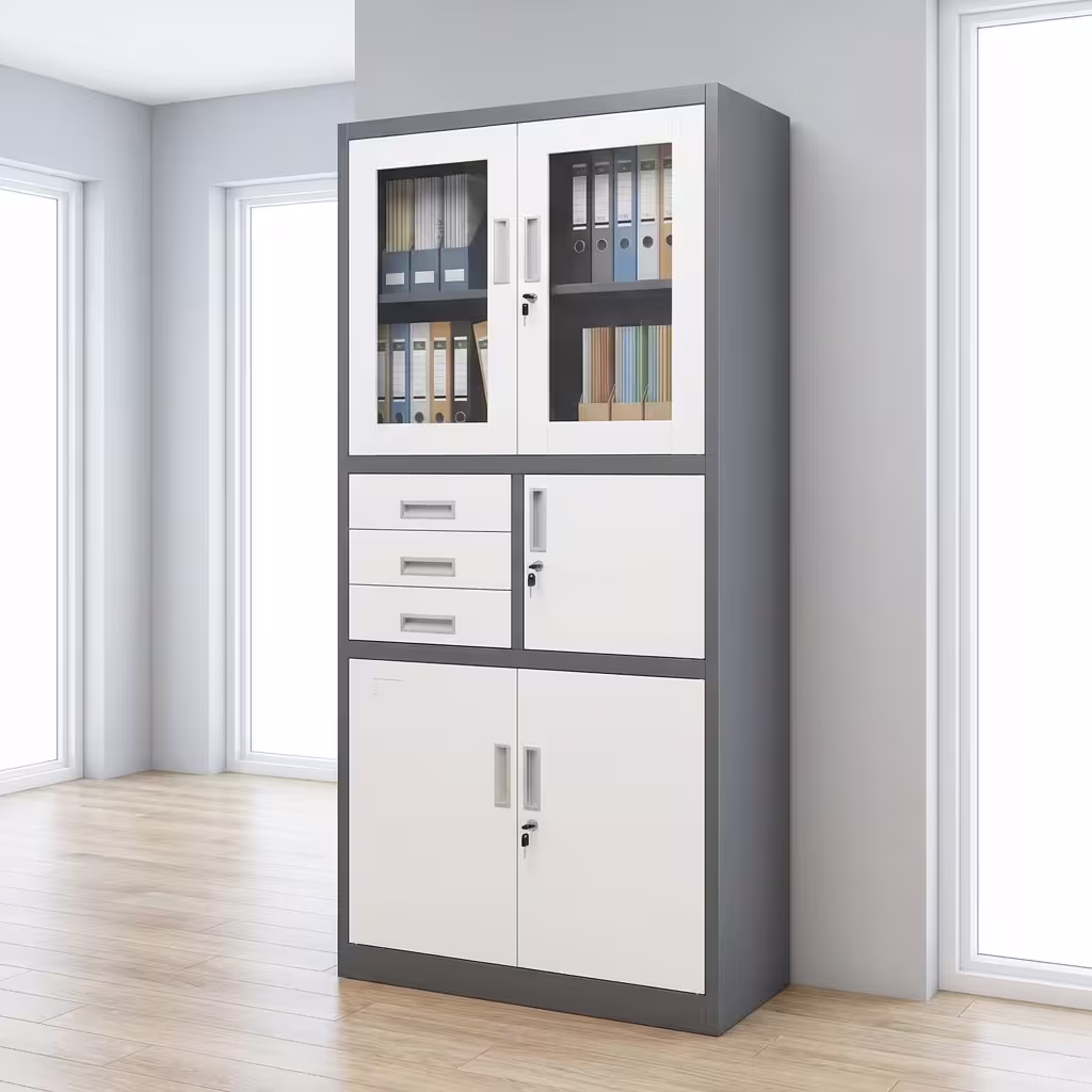 Modern Office Cabinet with Safe featuring an upper glass-door display compartment, three index drawers, a side security safe door, and a twin-door lower filing base.