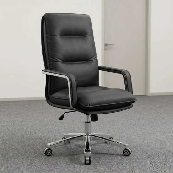 Executive Leather Office Chair featuring smooth black upholstery, a segmented high backrest, curved armrests with polished metallic trim, and a five-star chrome base with dual-wheel casters.