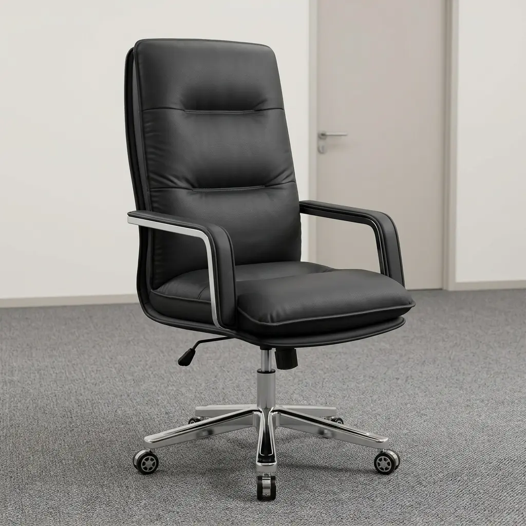 Executive Leather Office Chair featuring smooth black upholstery, a segmented high backrest, curved armrests with polished metallic trim, and a five-star chrome base with dual-wheel casters.