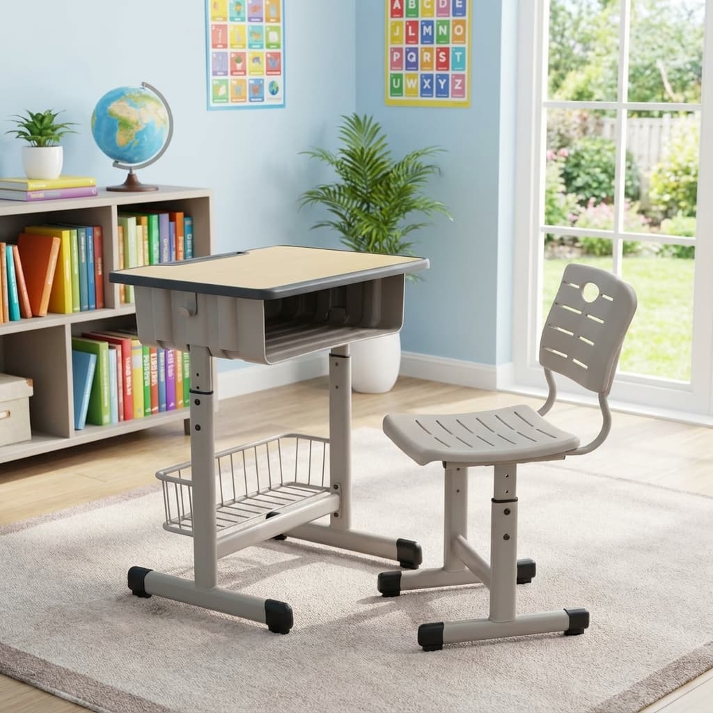Kids Study Desk and Chair Set featuring a light wood-grain finish top with dark trim, under-desk compartment, lower mesh basket, grey height-adjustable frames, and a ventilated grey plastic chair.