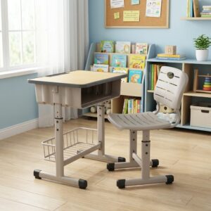 Kids Study Desk and Chair Set featuring a light wood-grain finish top with dark trim, under-desk compartment, lower mesh basket, grey height-adjustable frames, and a ventilated grey plastic chair.