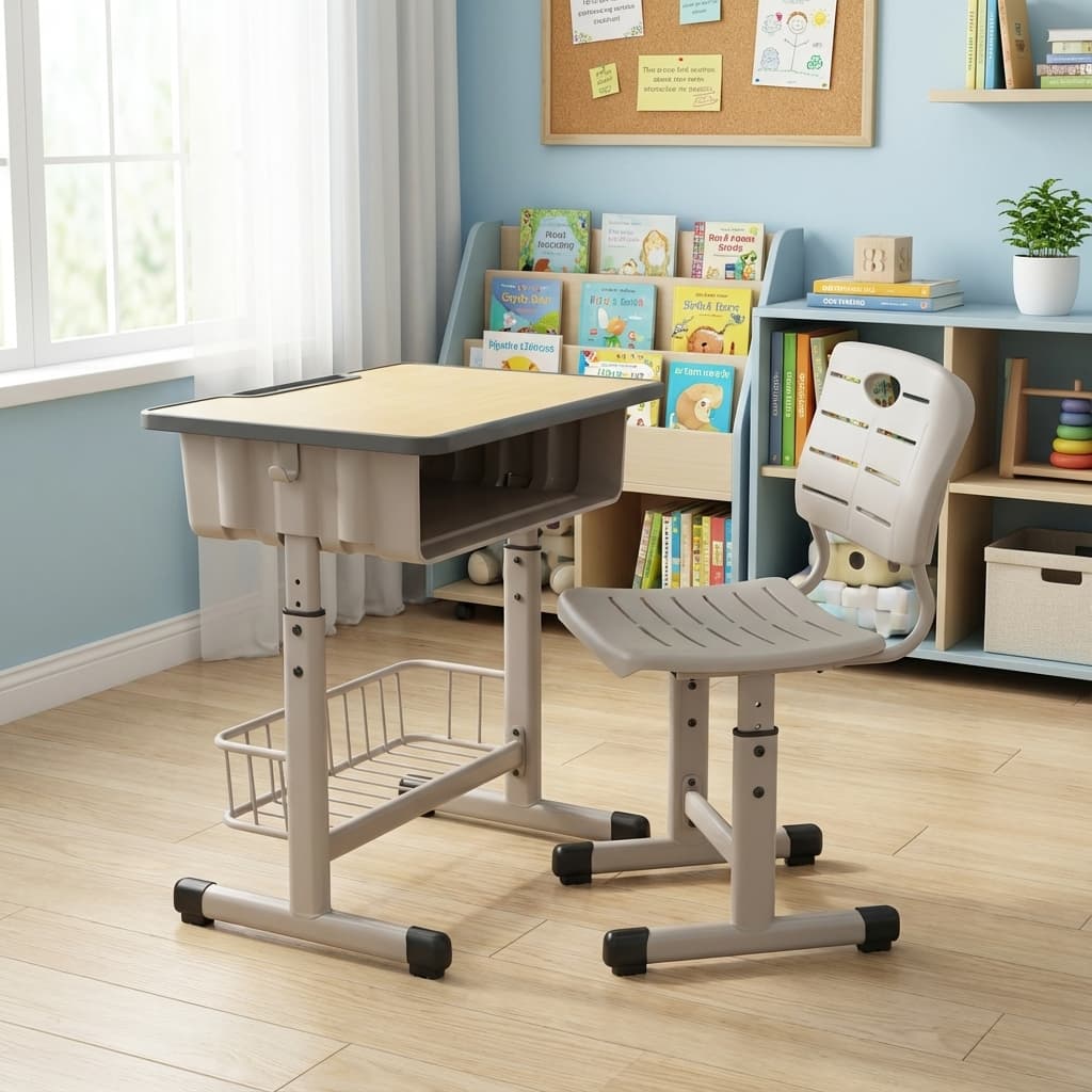 Kids Study Desk and Chair Set featuring a light wood-grain finish top with dark trim, under-desk compartment, lower mesh basket, grey height-adjustable frames, and a ventilated grey plastic chair.