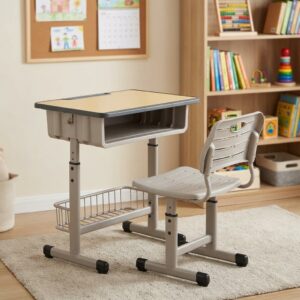 Kids Study Desk and Chair Set featuring a light wood-grain finish top with dark trim, under-desk compartment, lower mesh basket, grey height-adjustable frames, and a ventilated grey plastic chair.