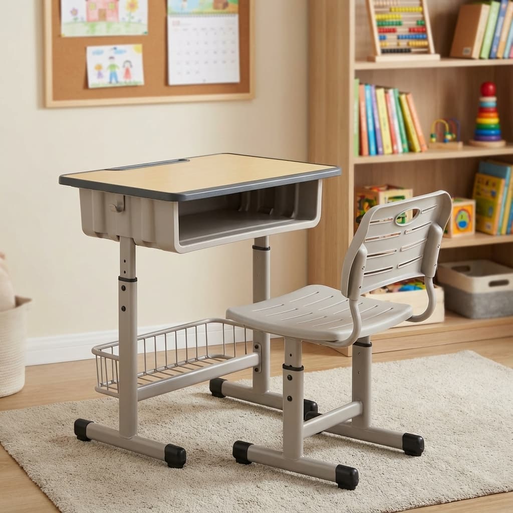 Kids Study Desk and Chair Set featuring a light wood-grain finish top with dark trim, under-desk compartment, lower mesh basket, grey height-adjustable frames, and a ventilated grey plastic chair.