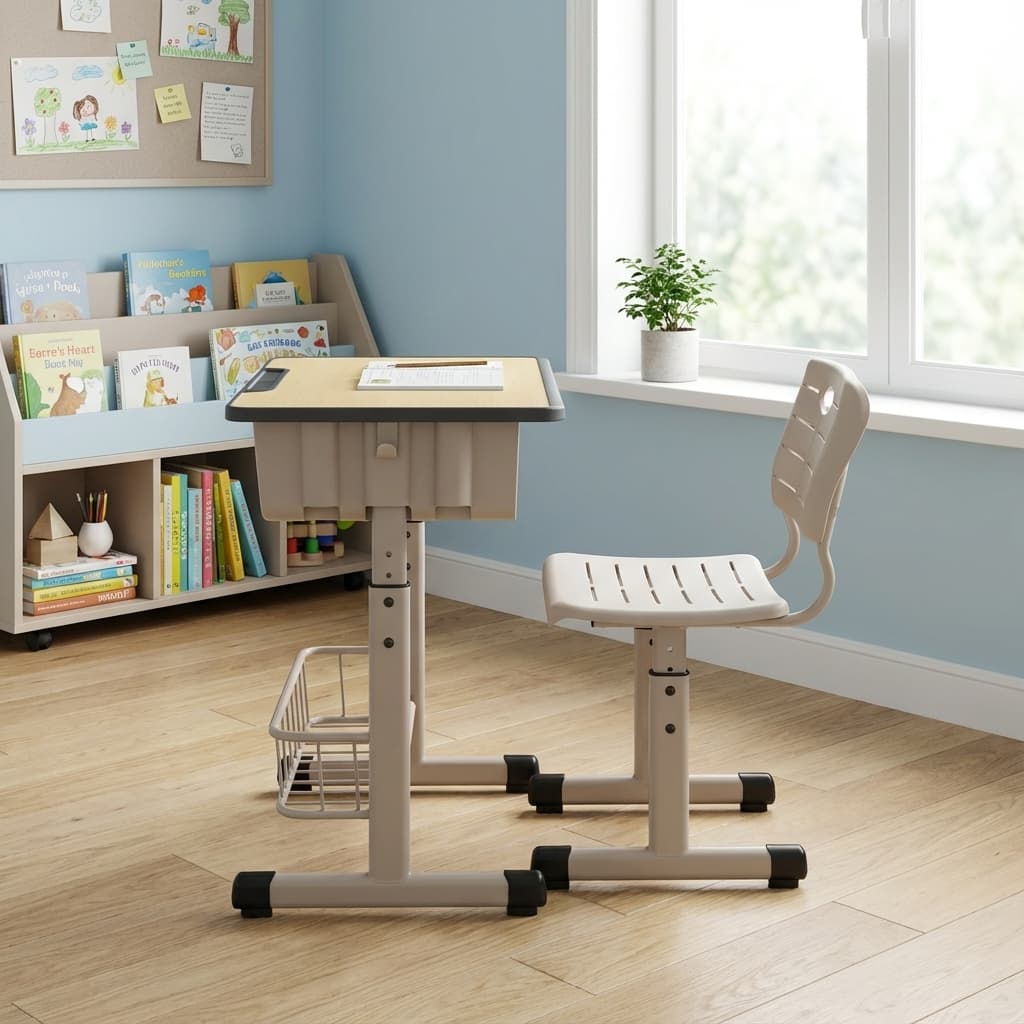 Kids Study Desk and Chair Set featuring a light wood-grain finish top with dark trim, under-desk compartment, lower mesh basket, grey height-adjustable frames, and a ventilated grey plastic chair.