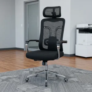 ErgoMax Mesh Executive Office Chair with Adjustable Headrest featuring a black mesh backrest, integrated lumbar pad, separate mesh headrest, black fabric seat cushion, fixed armrests with metallic trim, and a five-star polished metallic base with casters.