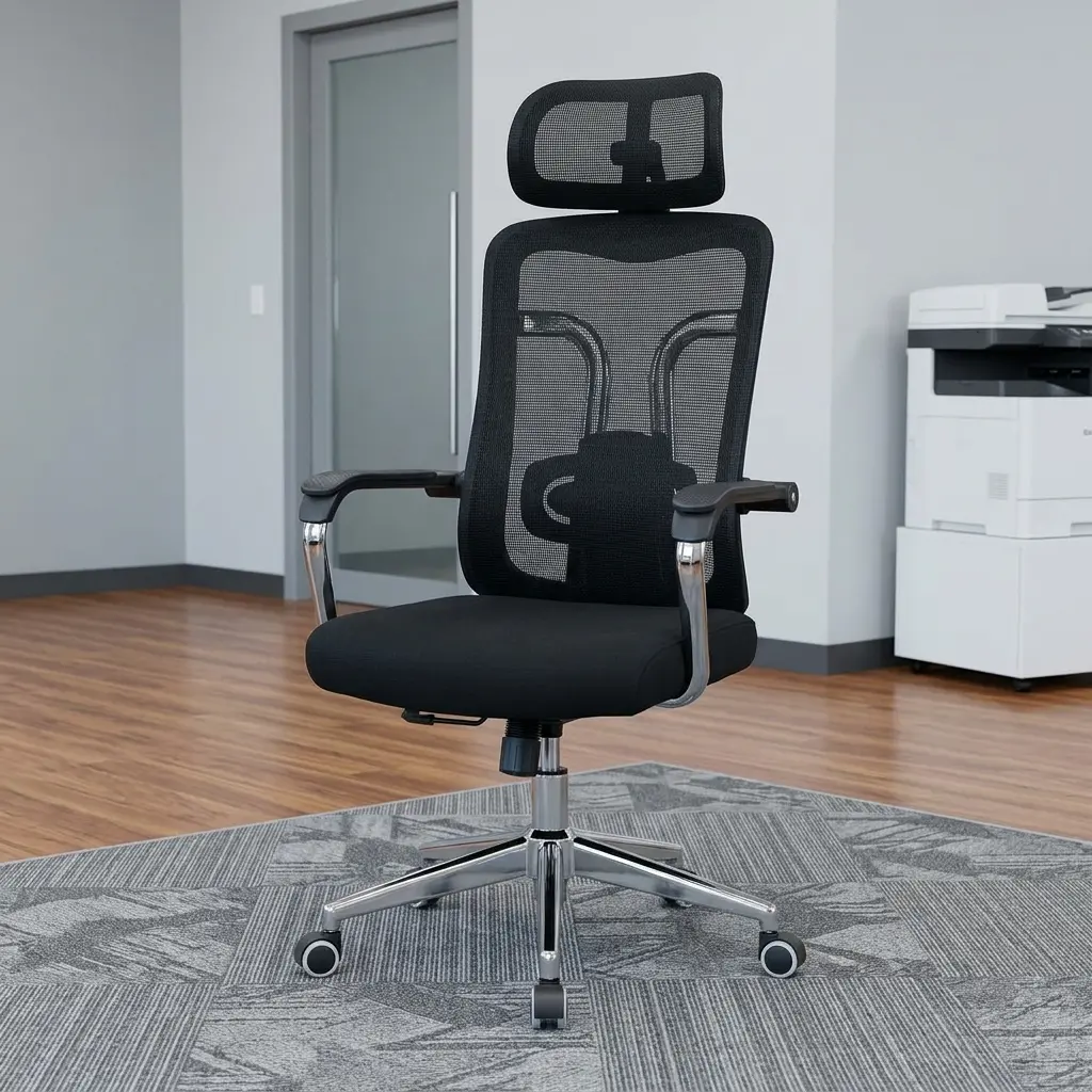 ErgoMax Mesh Executive Office Chair with Adjustable Headrest featuring a black mesh backrest, integrated lumbar pad, separate mesh headrest, black fabric seat cushion, fixed armrests with metallic trim, and a five-star polished metallic base with casters.