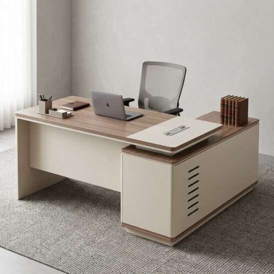 Executive Wooden Office Desk 1.4m featuring an L-shaped configuration, wood-grain finish tabletop, cream-colored modesty panel, side return cabinet with vertical ventilation slots, and a raised off-white utility shelf with a cable plate.