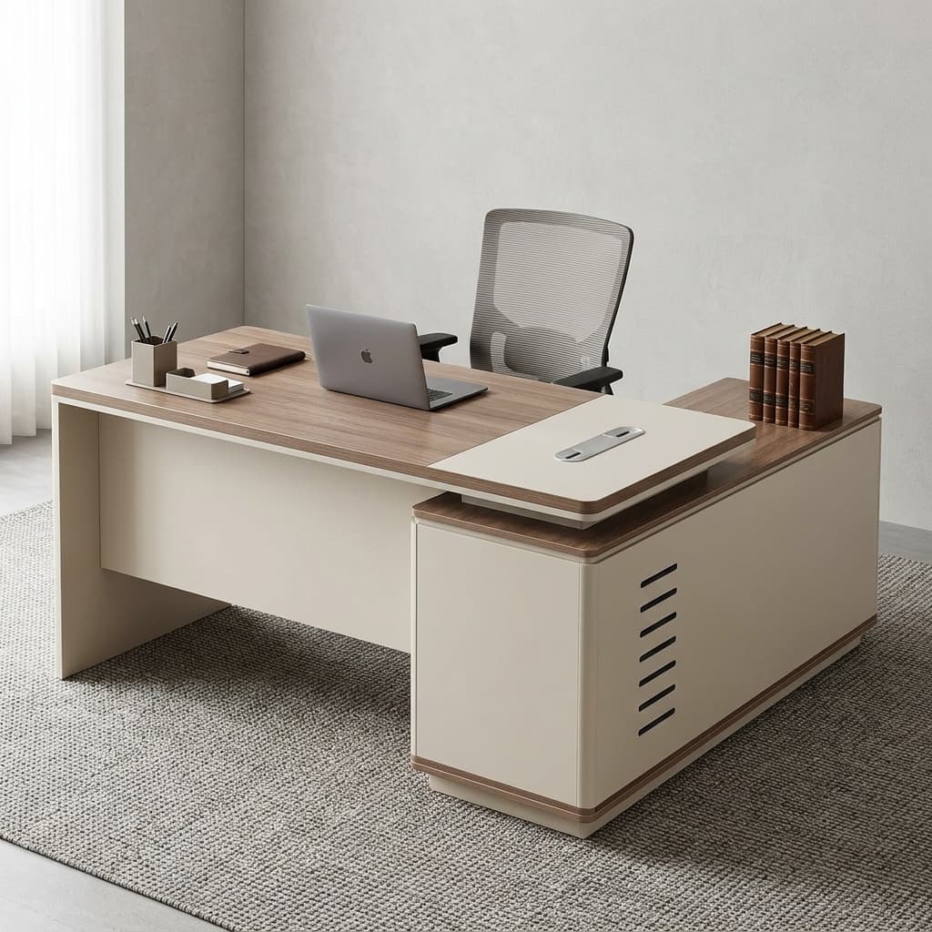 Executive Wooden Office Desk 1.4m featuring an L-shaped configuration, wood-grain finish tabletop, cream-colored modesty panel, side return cabinet with vertical ventilation slots, and a raised off-white utility shelf with a cable plate.