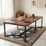 Modern 2.4m Boardroom Table featuring a rectangular wood-grain finish top, integrated flush black center inlay track, and a heavy-duty black metallic frame with angled geometric legs.