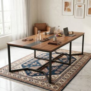 Modern 2.4m Boardroom Table featuring a rectangular wood-grain finish top, integrated flush black center inlay track, and a heavy-duty black metallic frame with angled geometric legs.