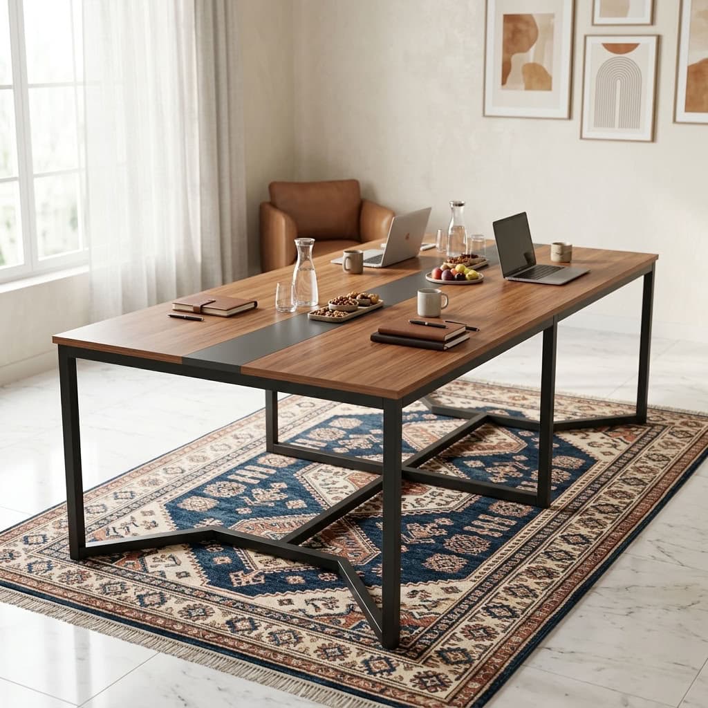 Modern 2.4m Boardroom Table featuring a rectangular wood-grain finish top, integrated flush black center inlay track, and a heavy-duty black metallic frame with angled geometric legs.
