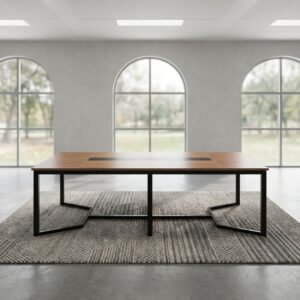 Modern 2.4m Boardroom Table featuring a rectangular wood-grain finish top, integrated flush black center inlay track, and a heavy-duty black metallic frame with angled geometric legs.