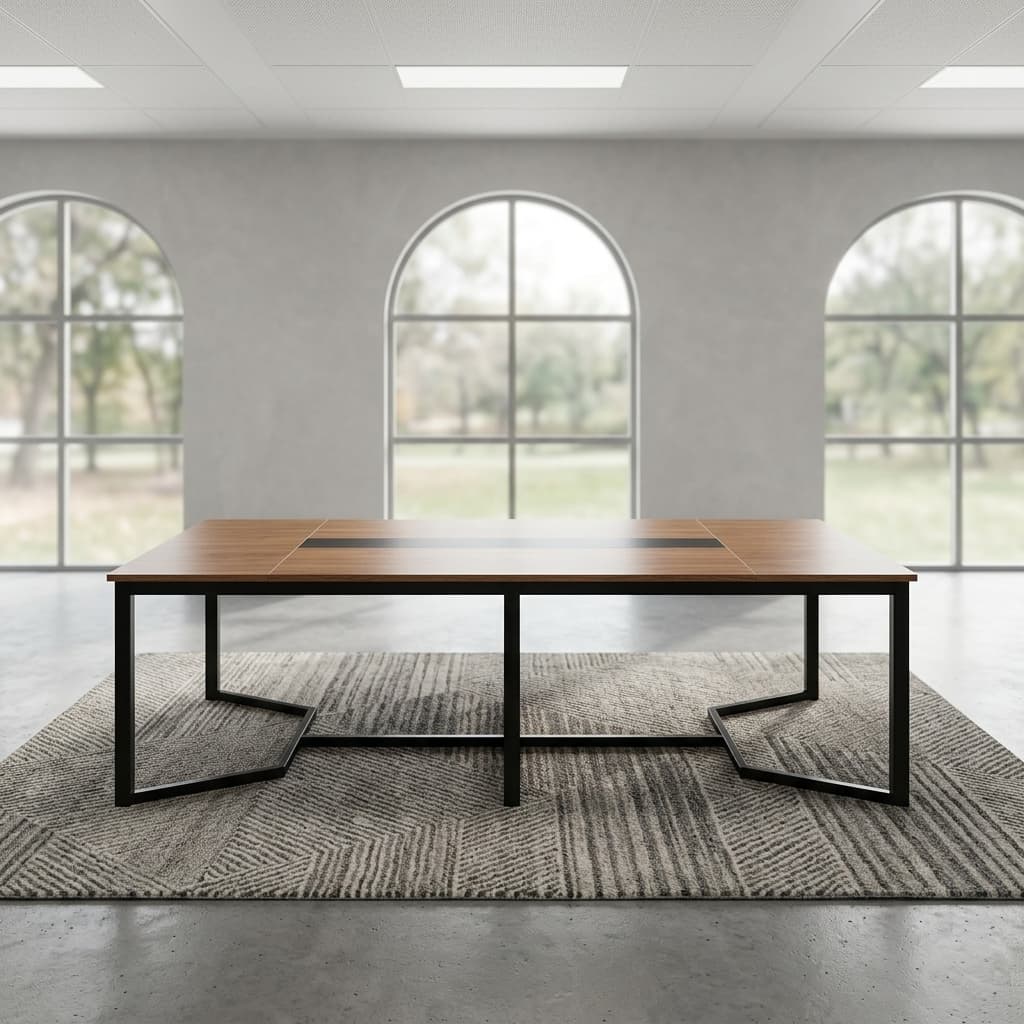 Modern 2.4m Boardroom Table featuring a rectangular wood-grain finish top, integrated flush black center inlay track, and a heavy-duty black metallic frame with angled geometric legs.