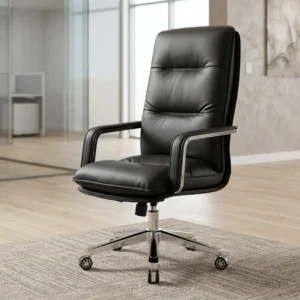 Executive Leather Office Chair featuring smooth black upholstery, a segmented high backrest, curved armrests with polished metallic trim, and a five-star chrome base with dual-wheel casters.
