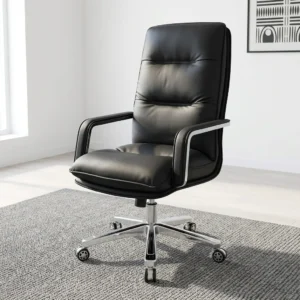 Executive Leather Office Chair featuring smooth black upholstery, a segmented high backrest, curved armrests with polished metallic trim, and a five-star chrome base with dual-wheel casters.