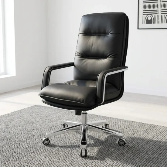 Executive Leather Office Chair featuring smooth black upholstery, a segmented high backrest, curved armrests with polished metallic trim, and a five-star chrome base with dual-wheel casters.