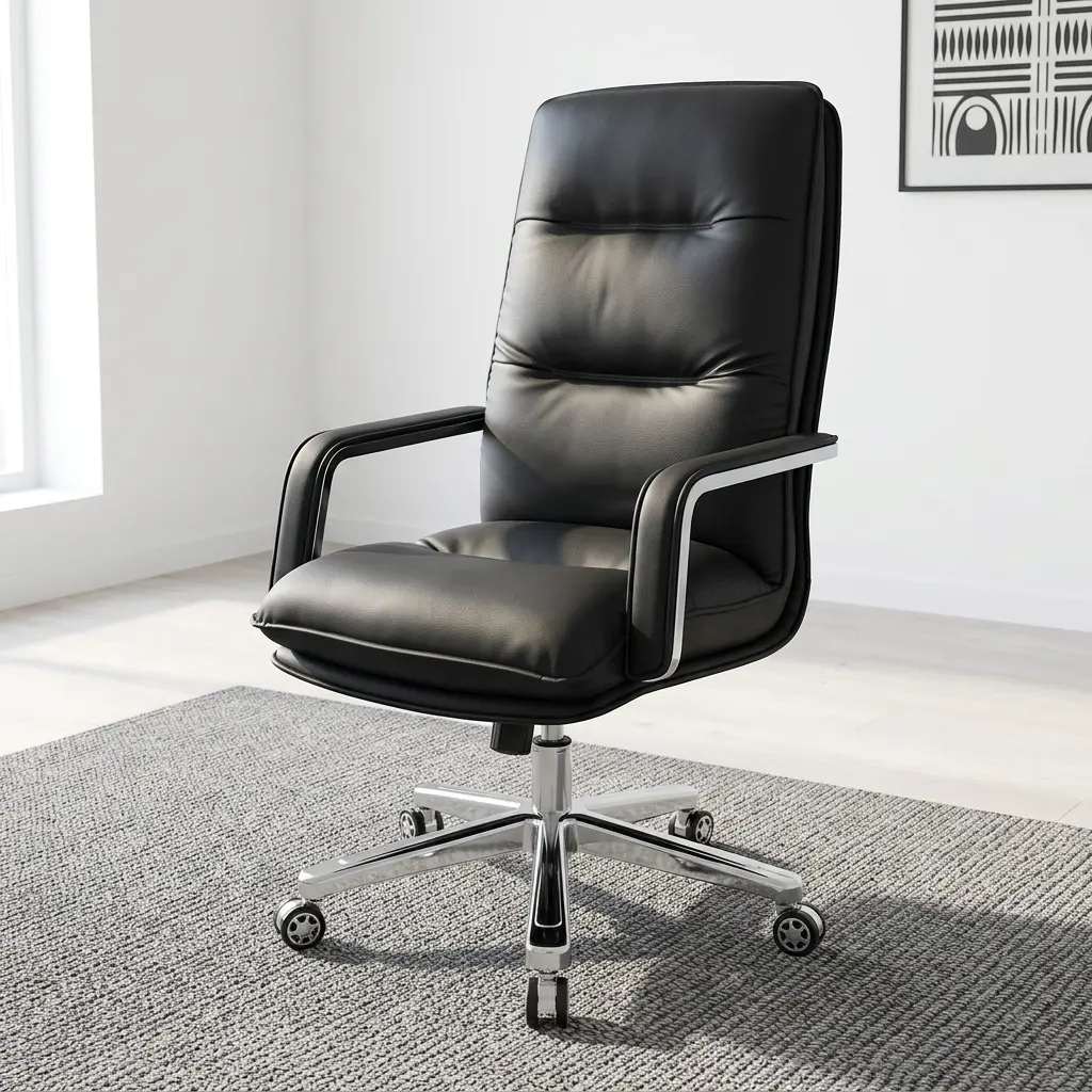 Executive Leather Office Chair featuring smooth black upholstery, a segmented high backrest, curved armrests with polished metallic trim, and a five-star chrome base with dual-wheel casters.