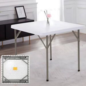 Folding Plastic Table with a square white plastic tabletop, rounded corners, slim grey metallic-toned legs, pivoting locking braces, and black protective feet caps.