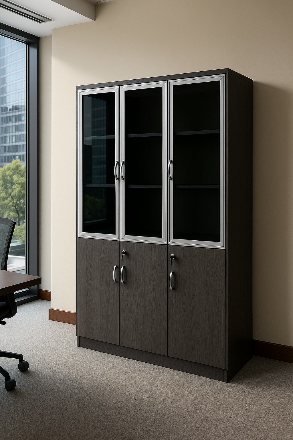 Dark Wood Tinted Glass Office Cabinet