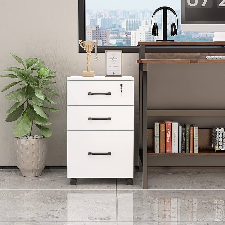 3-drawer lockable mobile pedestal on 360-degree casters, fits under desk, A4 hanging drawer, density board build, two locking wheels