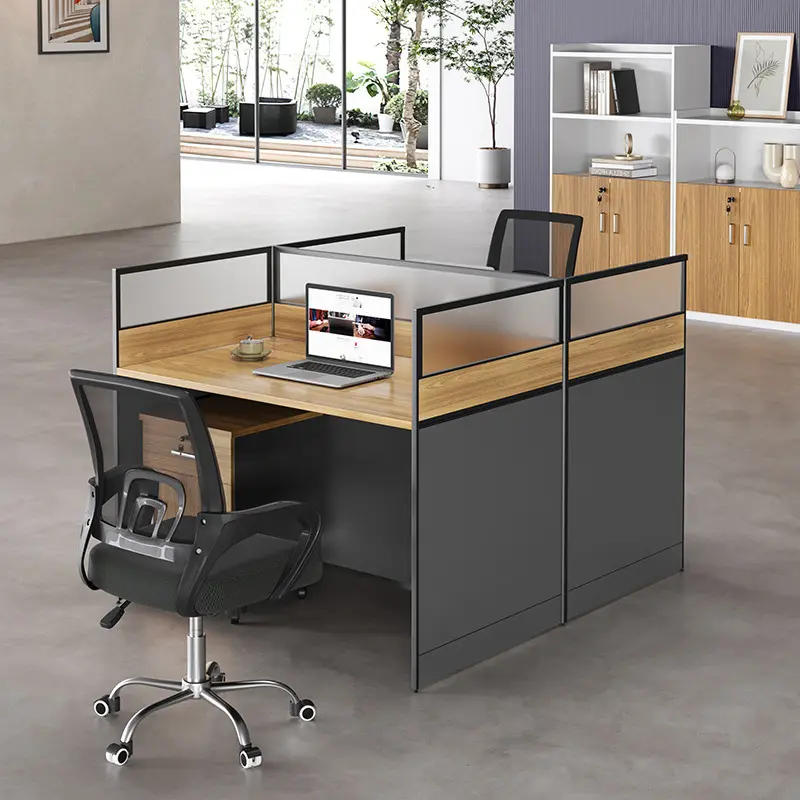 2-way open workstation desk for two users with partition panel, modern office design, durable frame, space-saving layout, ideal for corporate and co-working spaces.