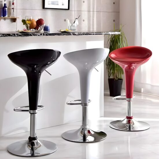 Adjustable Barstool Chair with glossy red seat, chrome base, and footrest, height adjustable for bars, kitchens, cafes, and dining spaces.