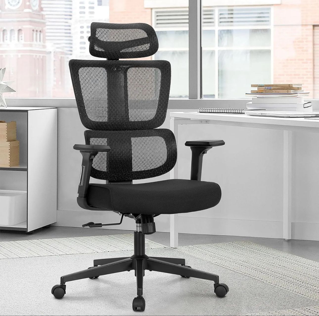 High Back Ergonomic Office Chair with flip-up armrests, built-in lumbar support, breathable mesh backrest, and cushioned seat for office and home use.