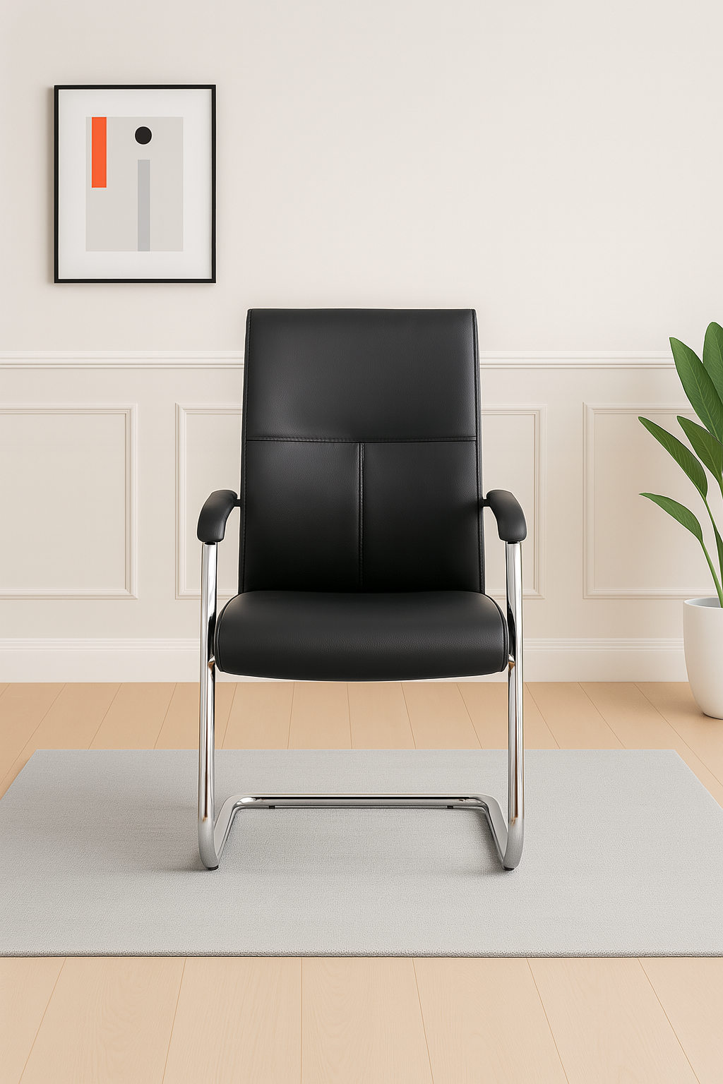 Black Leather Visitor Chair with ergonomic backrest, cushioned seat, steel frame, and PU leather armrests for office, conference, or home use.