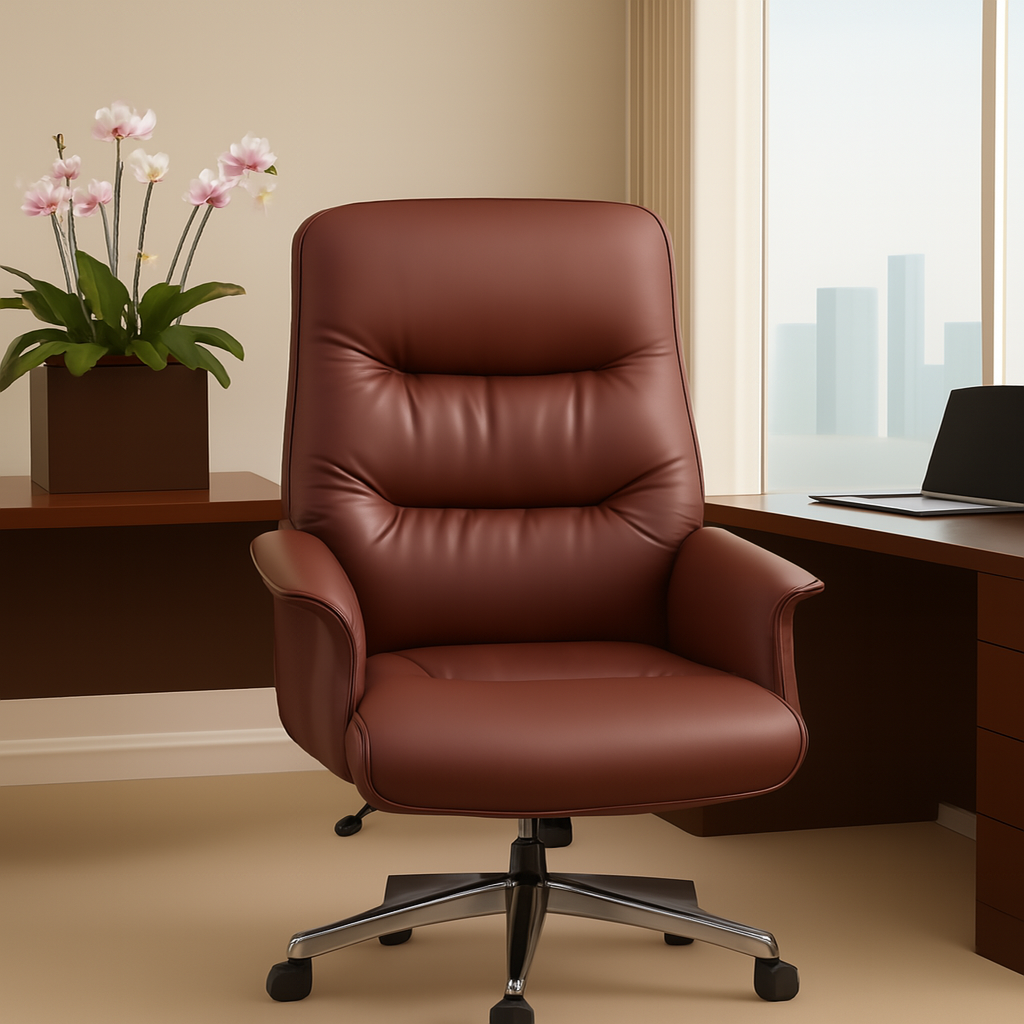 Brown Ergonomic Office Chair with cushioned backrest, padded headrest, hardwood armrests, and leatherette finish, adjustable height and reclinable design.