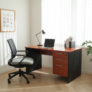 Office Desk With 3-Drawers featuring oak brown finish, spacious tabletop, two open racks, and a lockable compartment for office and home use.