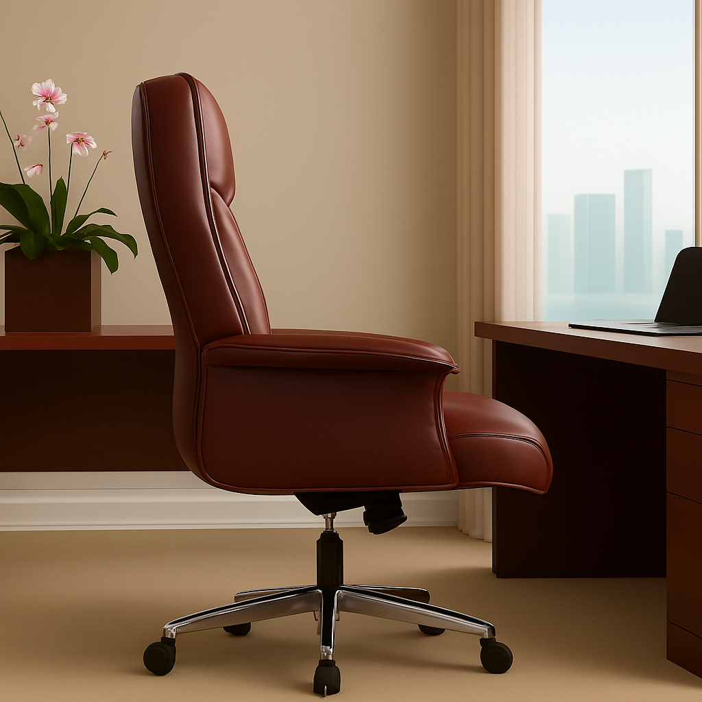 Brown Ergonomic Office Chair with cushioned backrest, padded headrest, hardwood armrests, and leatherette finish, adjustable height and reclinable design.