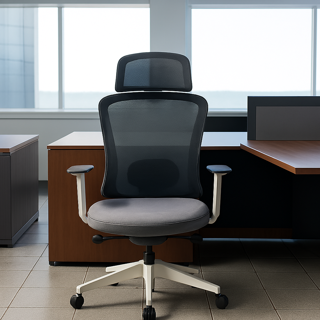 Ergonomic Mesh Office Chair with S-shaped backrest, 4D adjustable armrests, 3D lumbar support, sliding seat, and breathable mesh design.