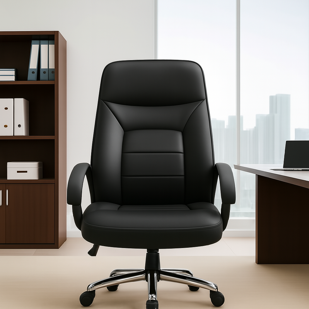 High Back Leather Executive Chair with ergonomic padded design, arc-shaped headrest, alloy armrests, and cushioned seat for office and home use.
