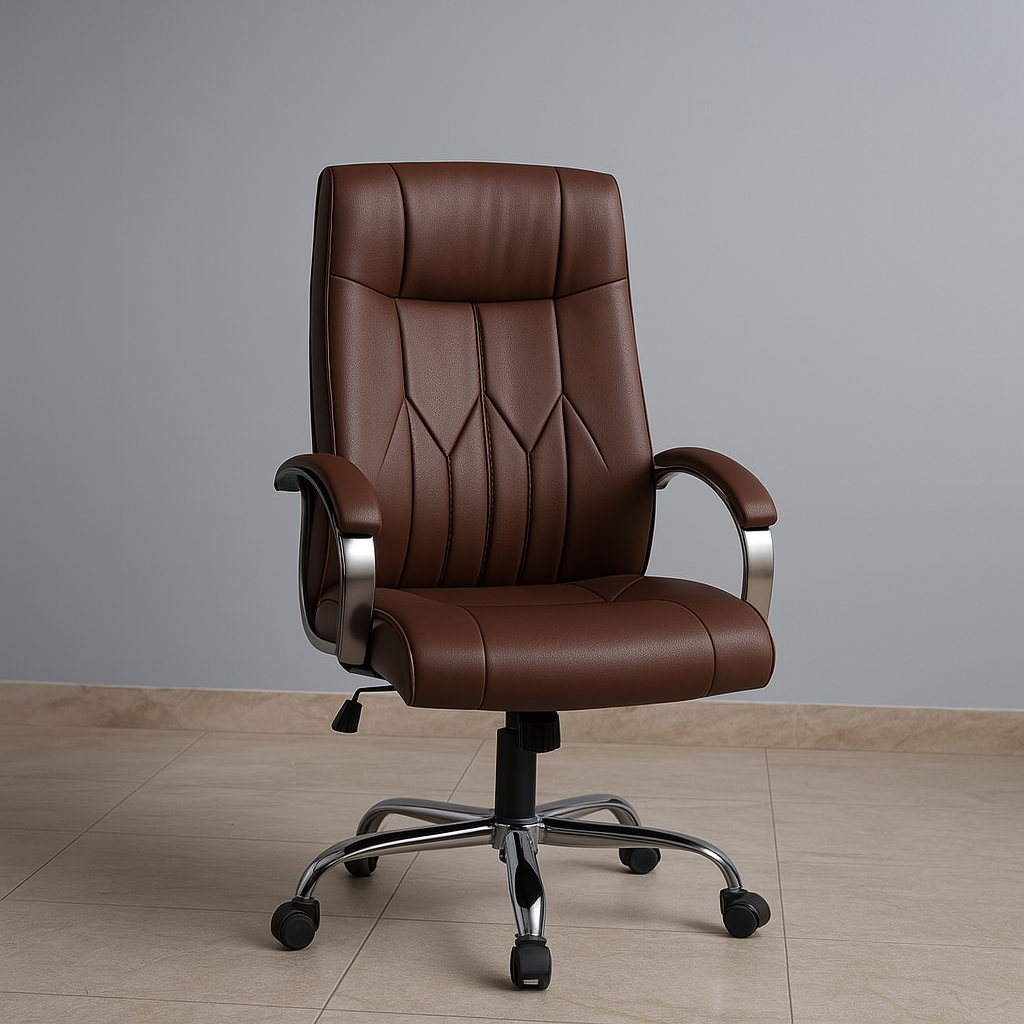 Brown Leather Ergonomic Office Seat with cushioned padding, ergonomic backrest, and PU-padded armrests for executive office and home use.