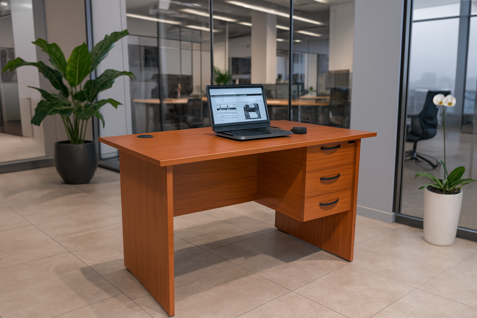 Office Desk With 3-Drawers featuring oak brown finish, spacious tabletop, two open racks, and a lockable compartment for office and home use.