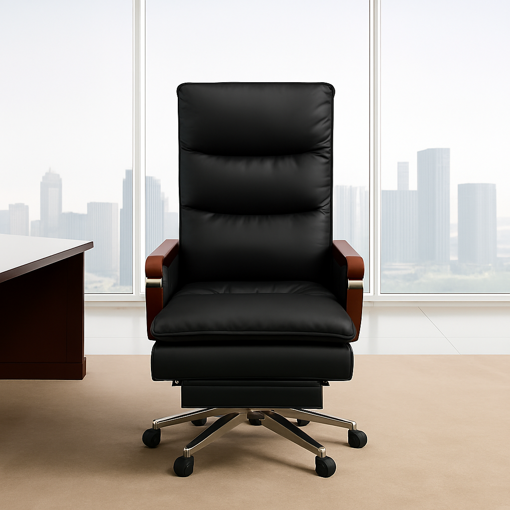 Ergonomic Leather Executive Chair with cushioned seat, adjustable height, and supportive backrest, designed for office, gaming, and home use.