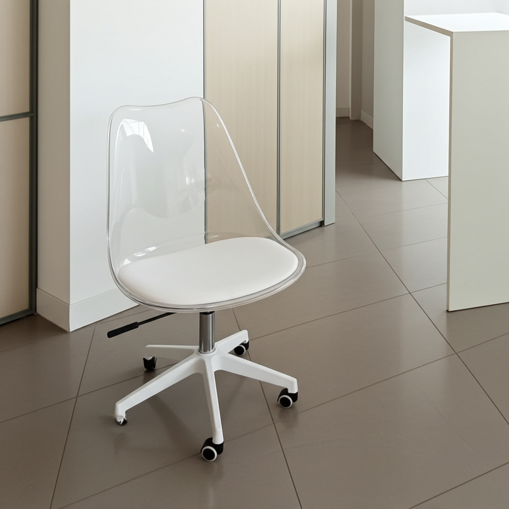 Modern Design Acrylic Swivel Chair with clear acrylic backrest, adjustable height, and rolling base in a contemporary workspace.