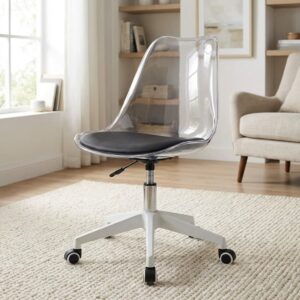 Premium Modern Design Acrylic Swivel Chair featuring a transparent clear shell seat, an integrated black leatherette cushion pad, and a matte white five-star rolling wheelbase.