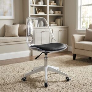 Premium Modern Design Acrylic Swivel Chair featuring a transparent clear shell seat, an integrated black leatherette cushion pad, and a matte white five-star rolling wheelbase.
