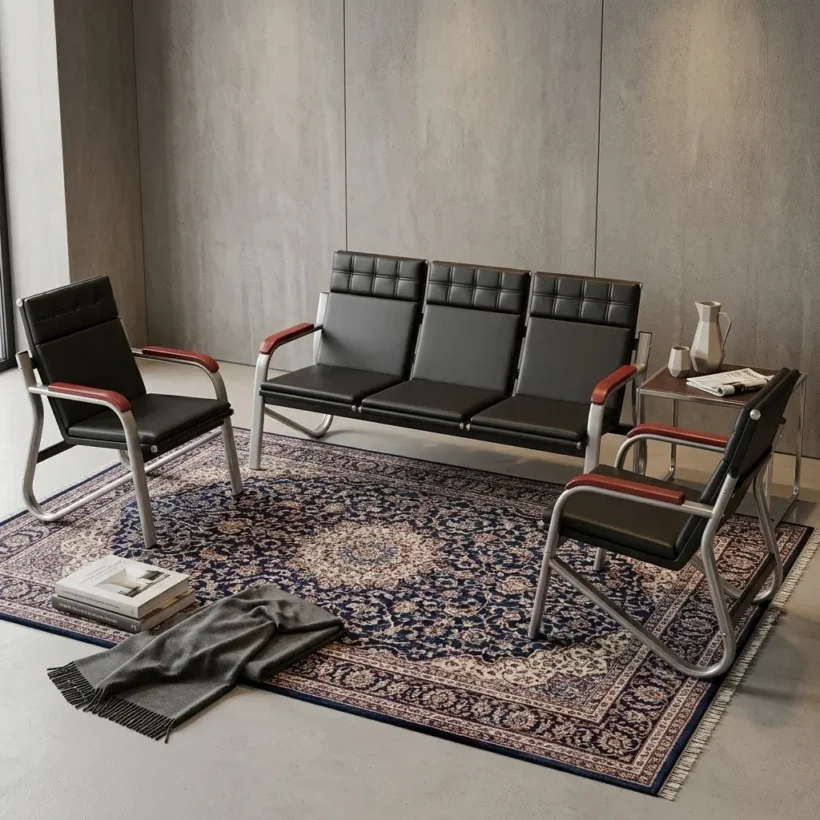Premium 5-Seater Office Waiting Sofa set with black tufted leather seating and sleek metallic chrome loop frames in a modern executive reception office.