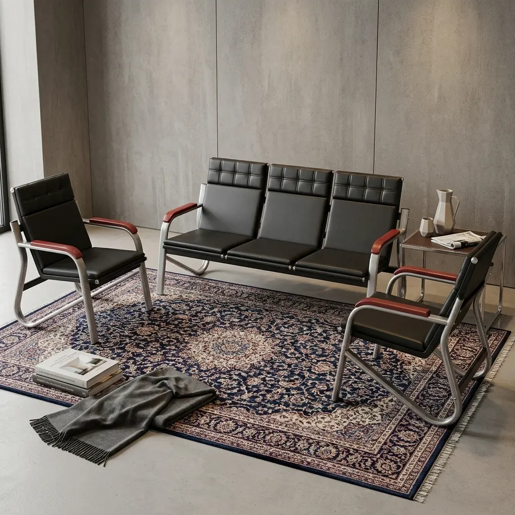 Premium 5-Seater Office Waiting Sofa set with black tufted leather seating and sleek metallic chrome loop frames in a modern executive reception office.