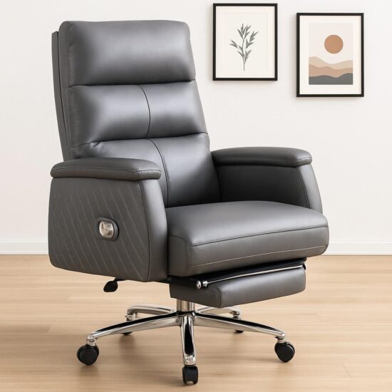 Executive leather office chair with high back design, ergonomic support, genuine cowhide leather, reclining function, and retractable footrest.