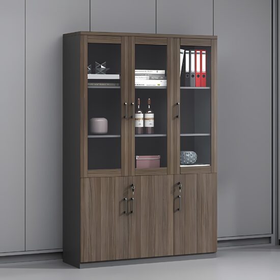 3-door wooden office cabinet with engineered wood construction, melamine finish, soft-close doors, and spacious internal shelving.